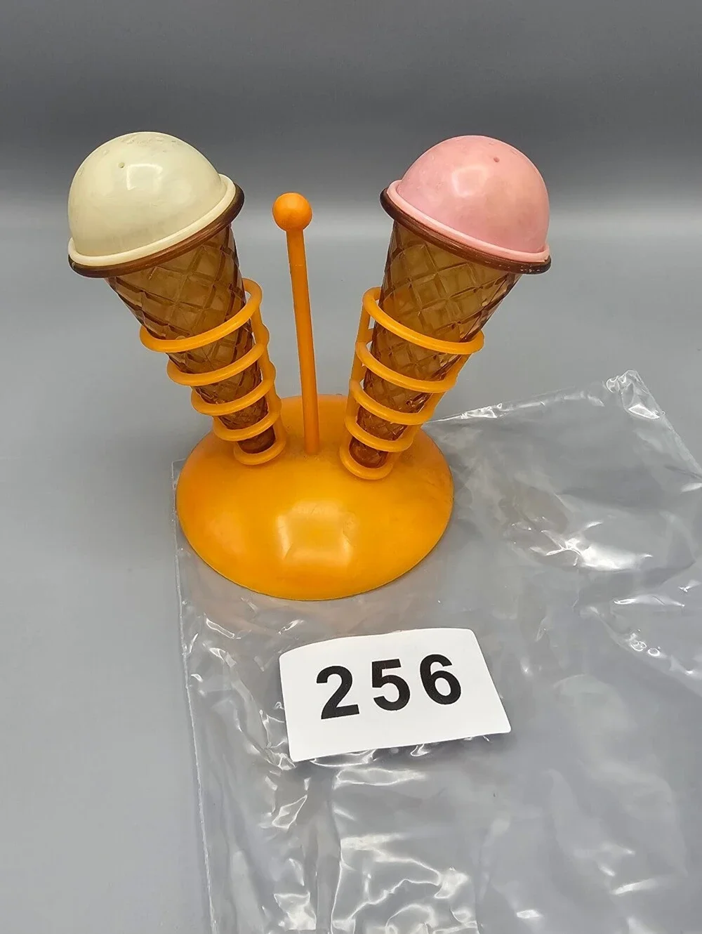 Vintage Plastic Ice Cream Cone Salt and Pepper Shakers with Stand